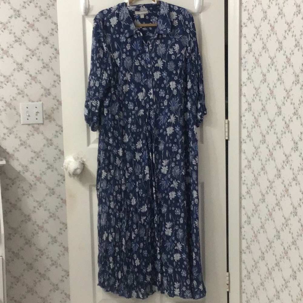 Woman Within Blue Plus Size 22W 100% Rayon Shirt Style Maxi Dress w/ 3/4 Sleeves